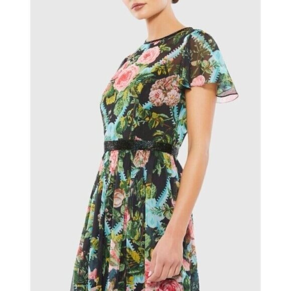 Mac Duggal Size 2 Black Floral 9149 Illusion Cap Sleeve Midi Cocktail Dress New - Picture 2 of 11
